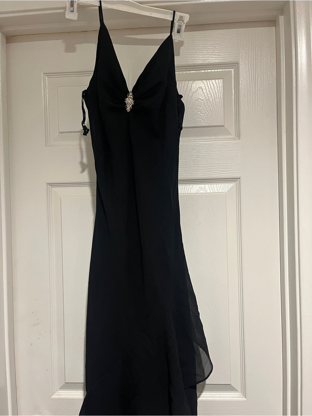 Black Spaghetti-Strap Prom Dress with Jeweled Accent